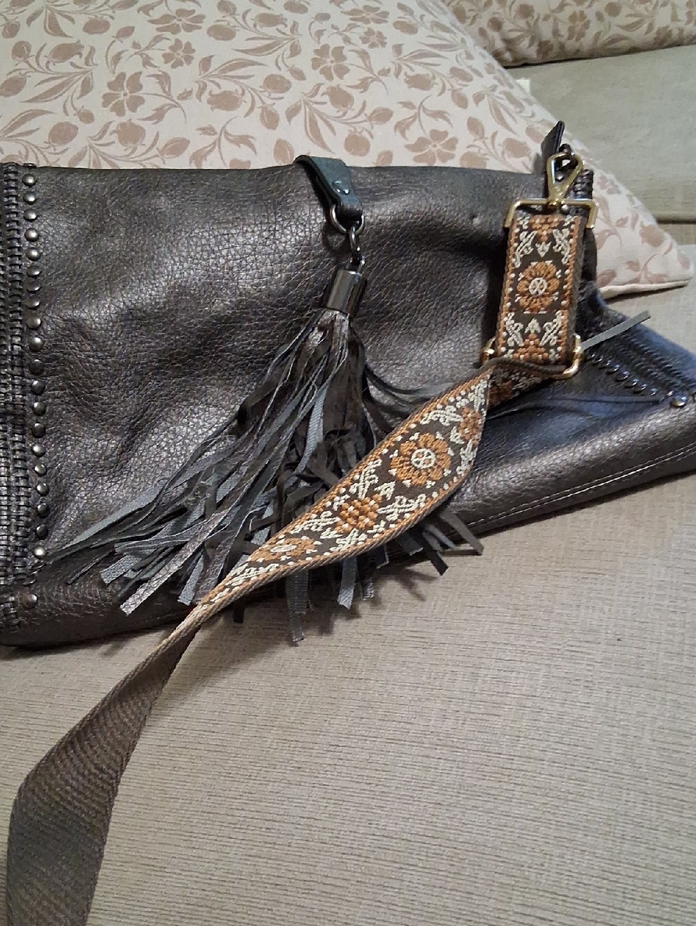 Fringed Leather Crossbody Bag with Patterned Strap - Black/Brown